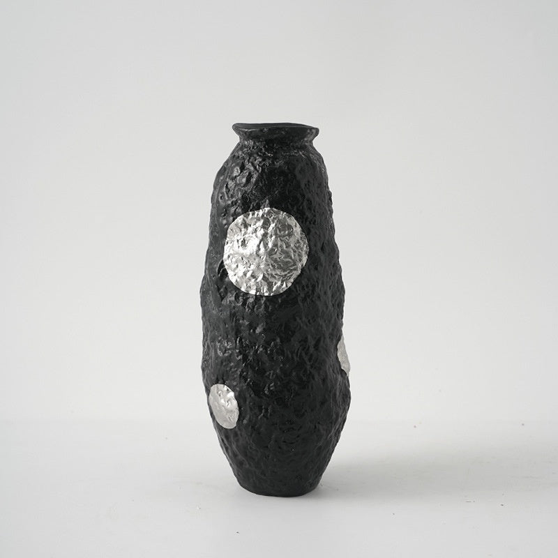 Medium organic black ceramic vase with silver leaf detail