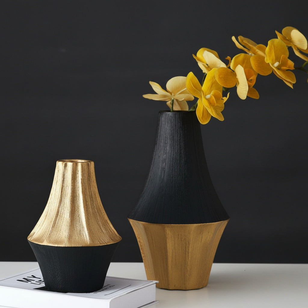 Textured Black & Gold Geometric Vases
