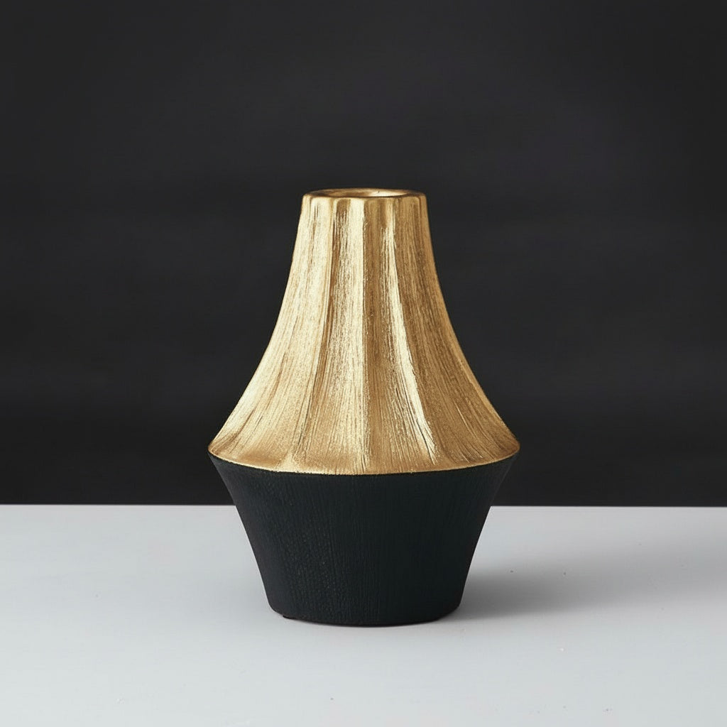 Short Textured Gold & Black Geometric Vase