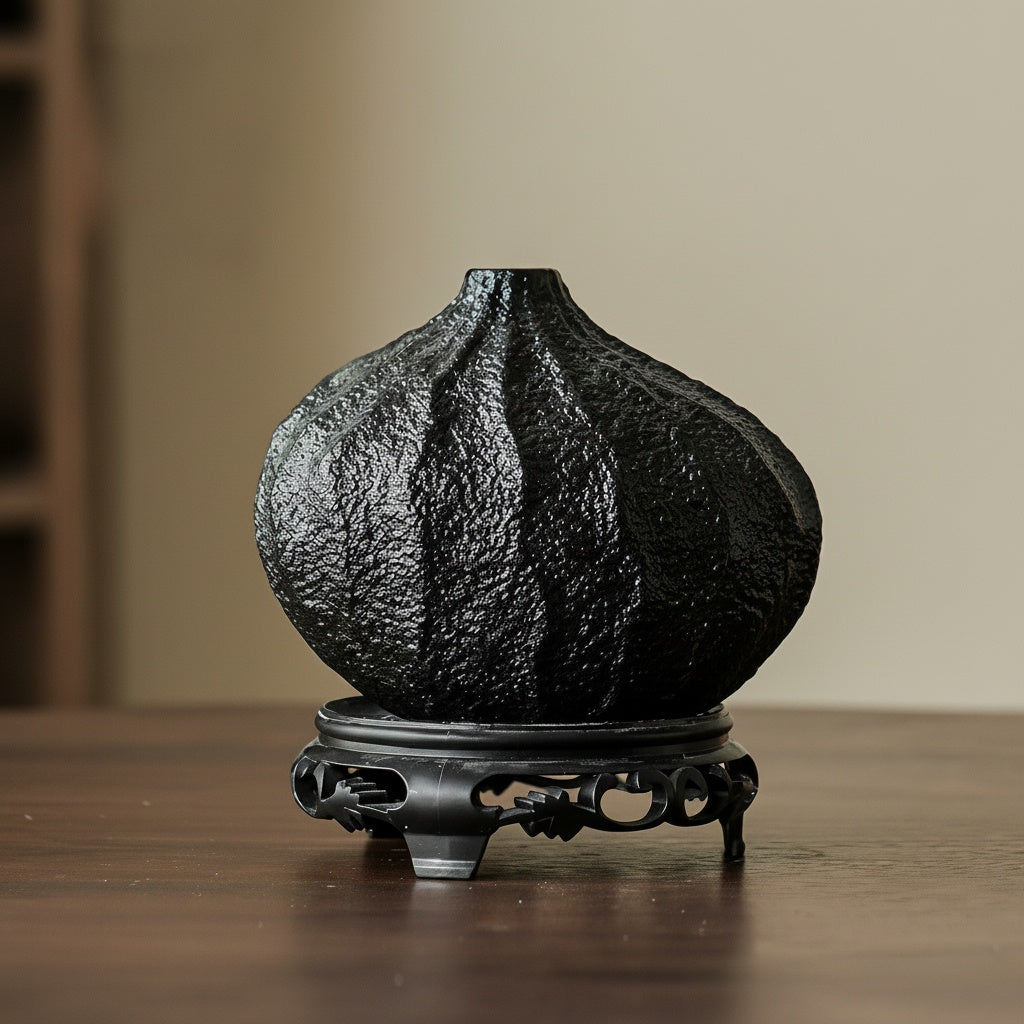 Textured black teardrop vase on carved base