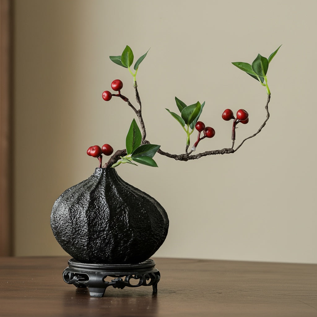 Textured black teardrop vase displaying red berry branch