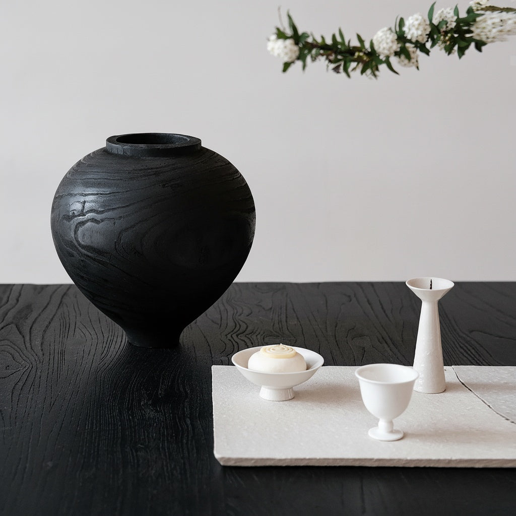 Textured Black Wood Spherical Vase