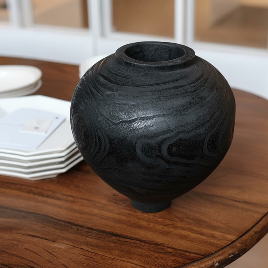 Textured Black Wood Spherical Vase