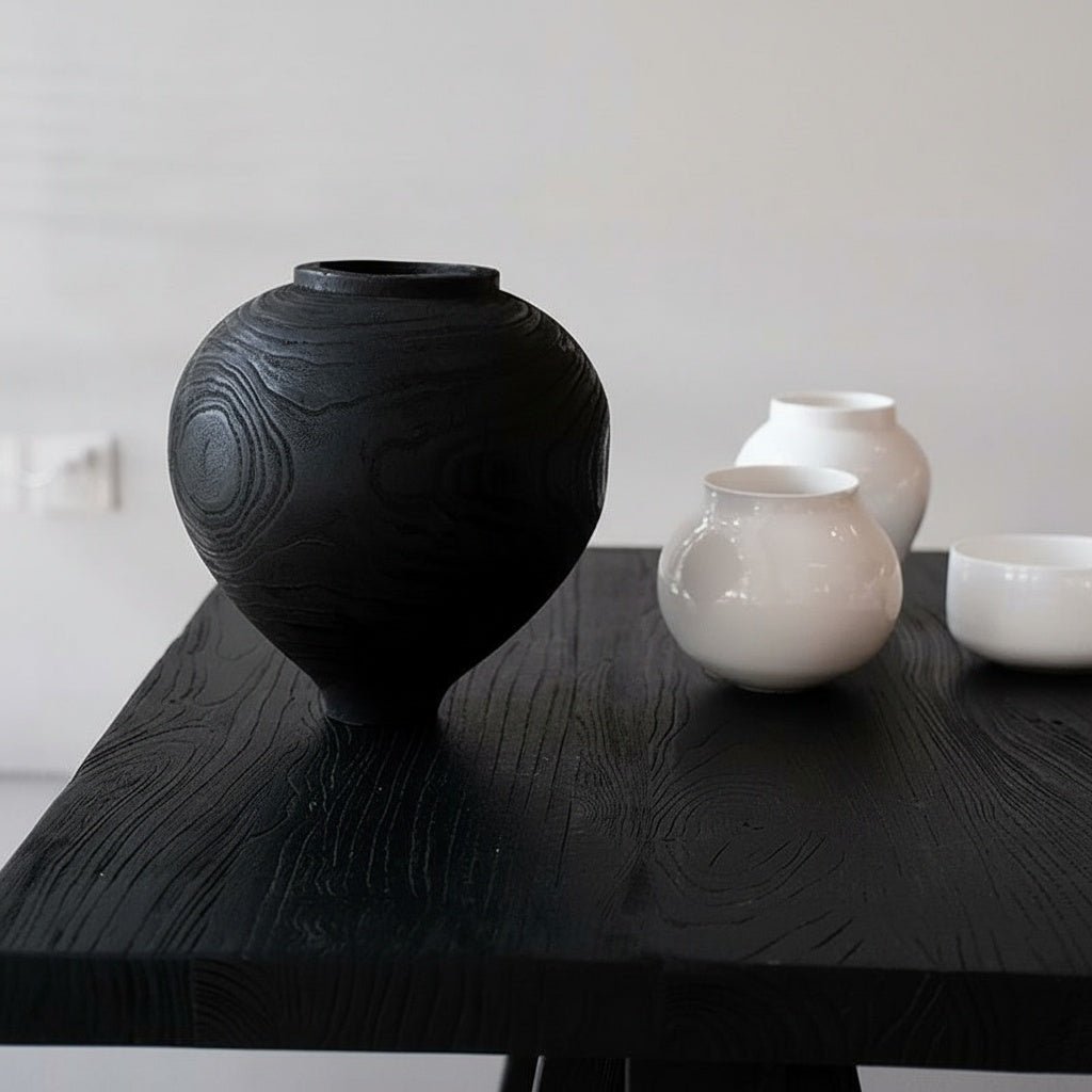 Textured Black Wood Spherical Vase