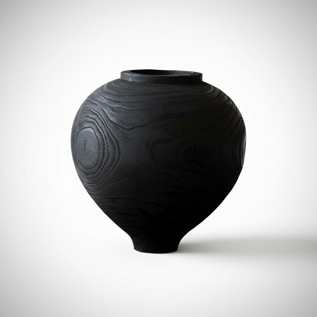 Textured Black Wood Spherical Vase
