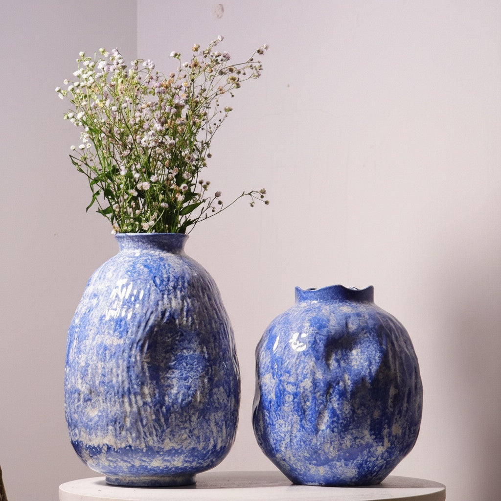 Set of two blue textured ceramic vases