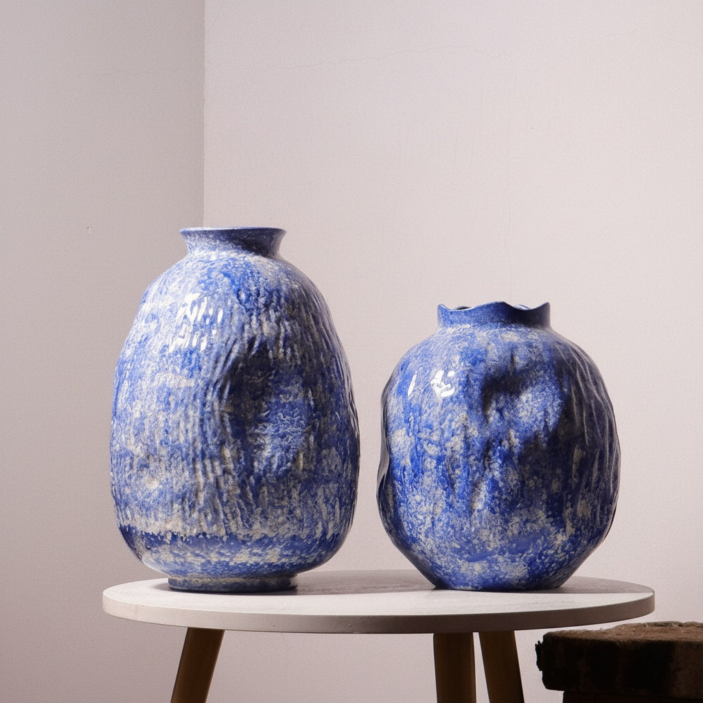 Large and medium blue organic ceramic vases