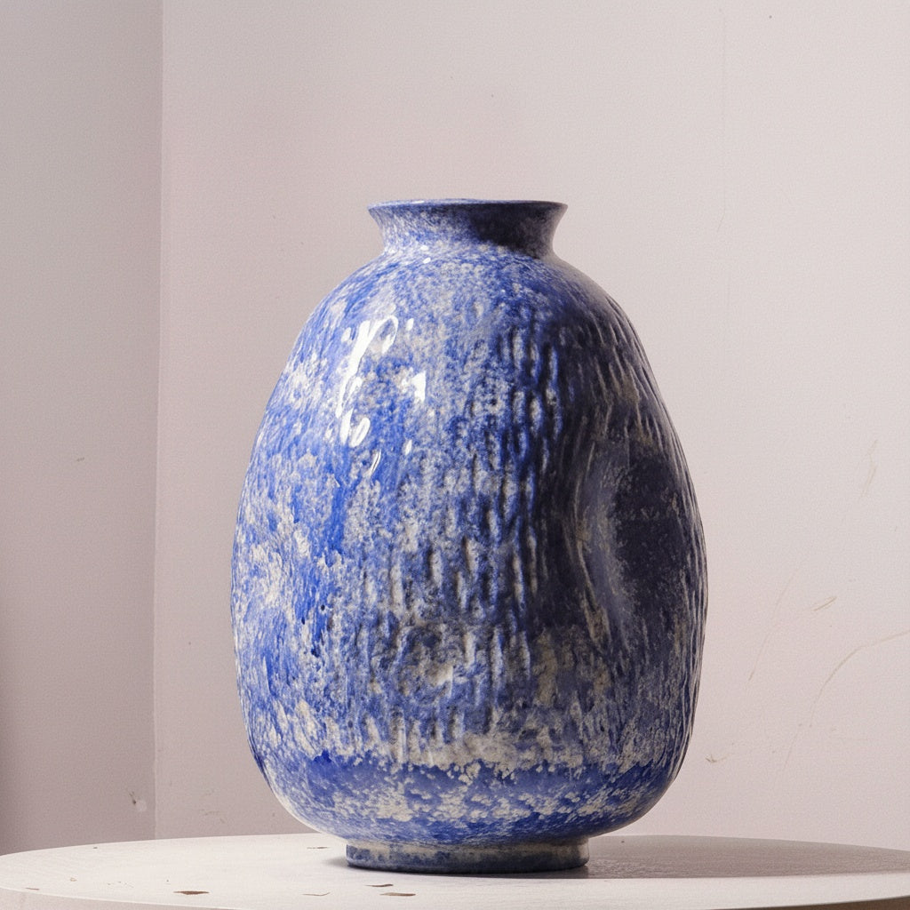Large textured blue ceramic vase detail
