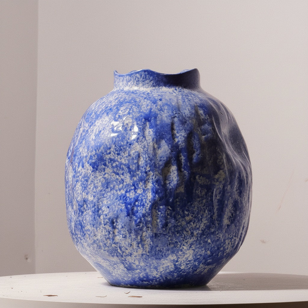Medium round textured blue ceramic vase