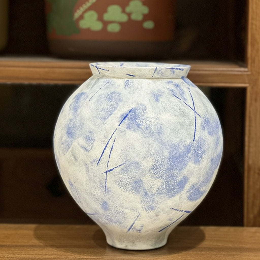 Front view of textured blue and white ceramic globe vase on wooden shelf