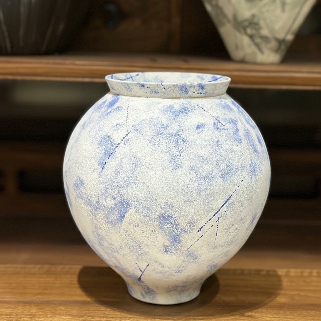 Angled view of round blue and white ceramic vase with textured finish