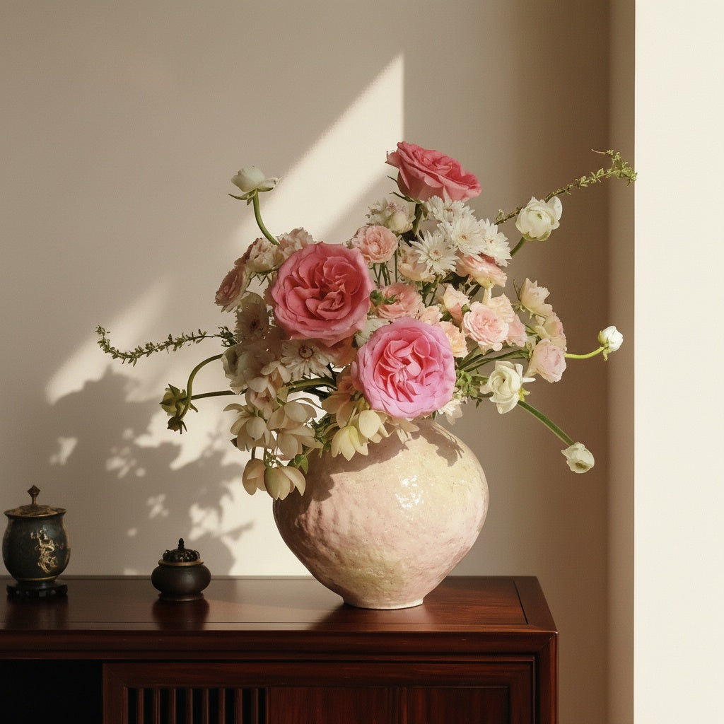 Textured Blush Ceramic Round Vase