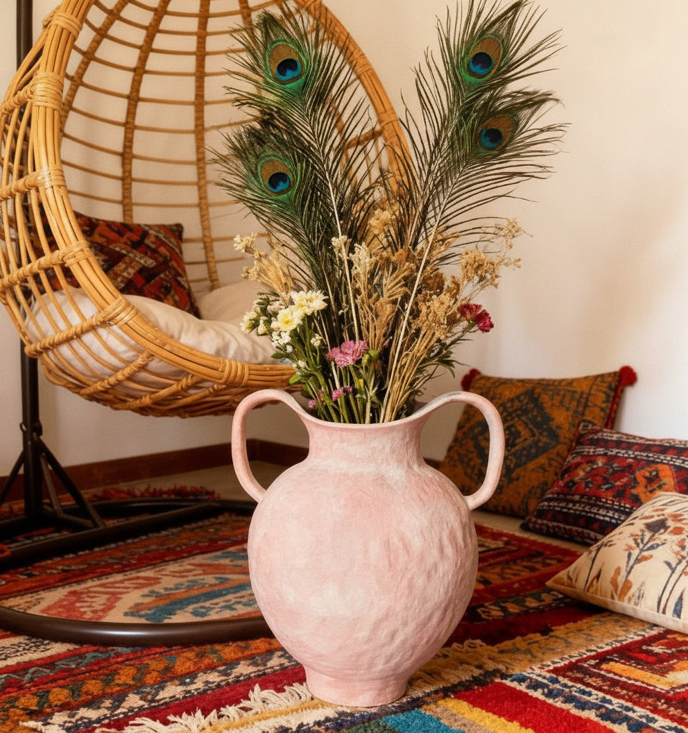 Pink ceramic amphora vase with peacock feathers in a boho setting