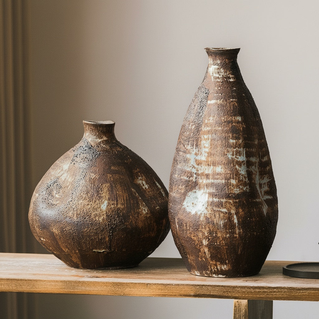 Textured Bronze Ceramic Vase Pair