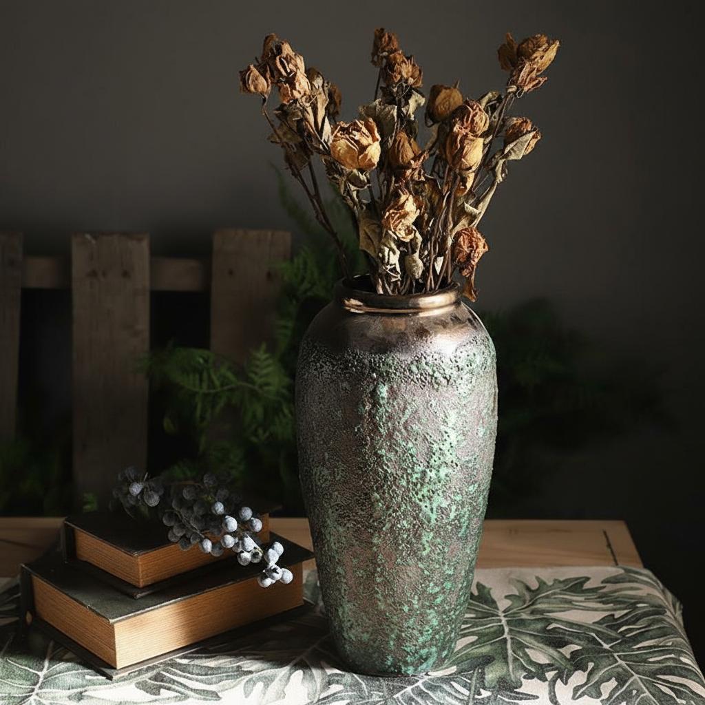 Lifestyle shot of rustic vase on table with books