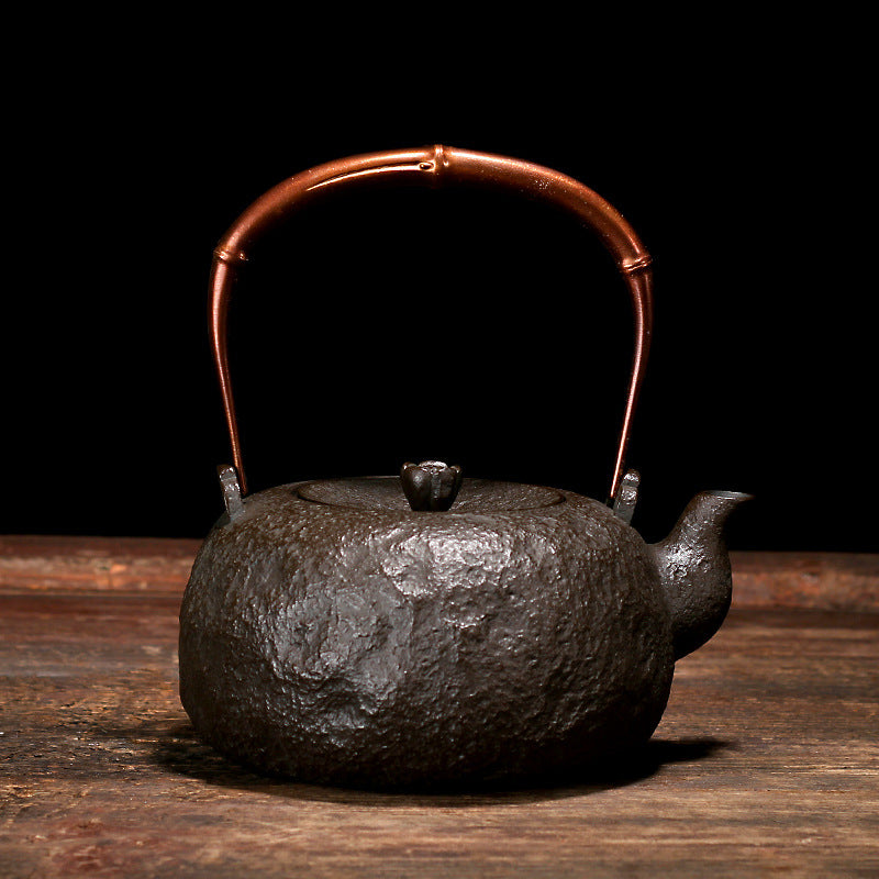 Side profile of iron teapot showing texture and spout