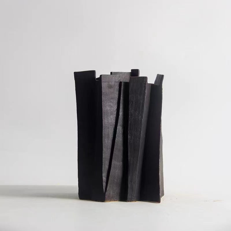 Matte black ceramic slab vase front view