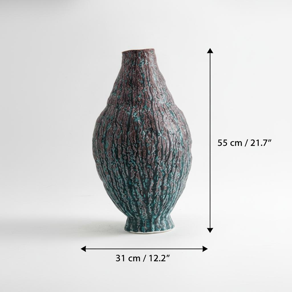 Dimensions of large ceramic bark vase showing 55cm height