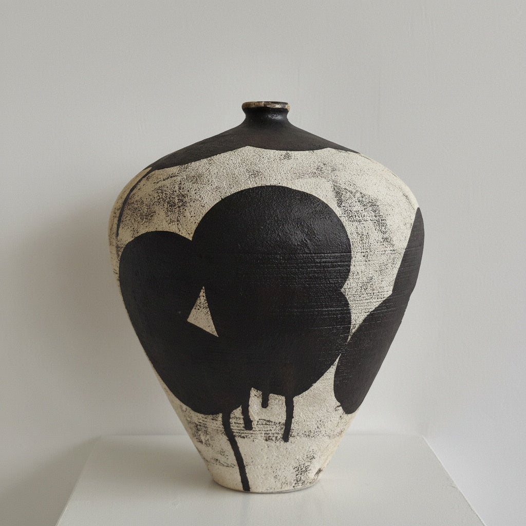 Front view of textured ceramic vase with abstract black pattern