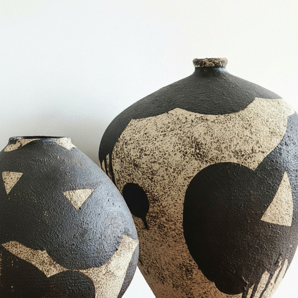 Close up detail of textured ceramic surface and hand painted black drips