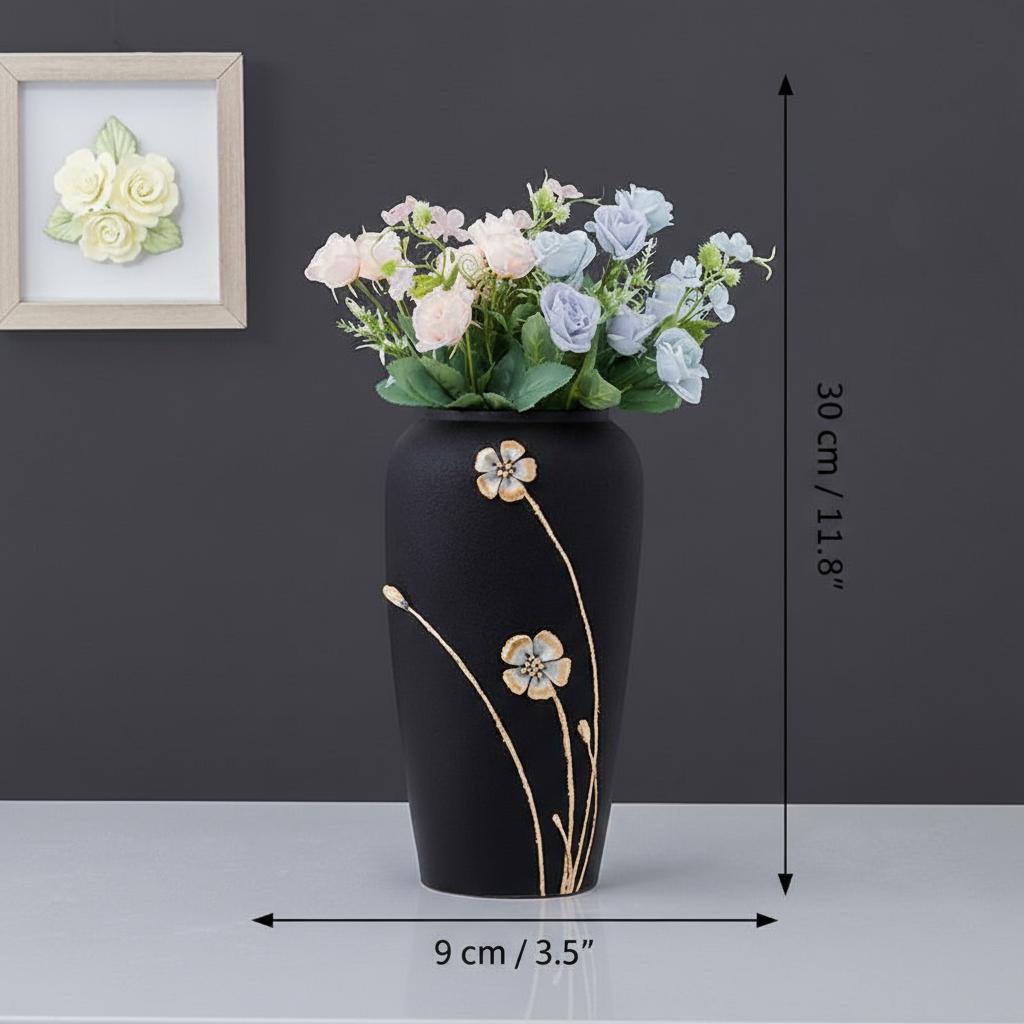 Matte black ceramic vase with gold floral detail