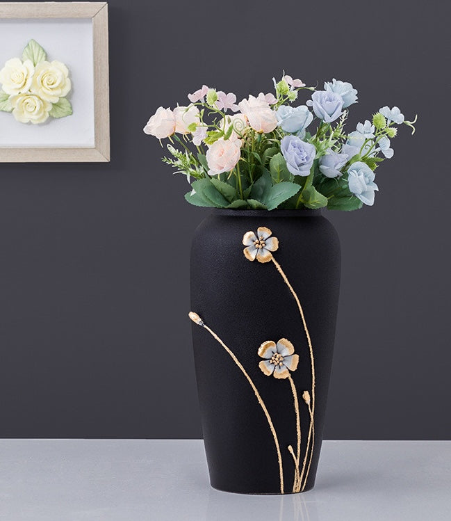 Close up of black textured vase with embossed flowers