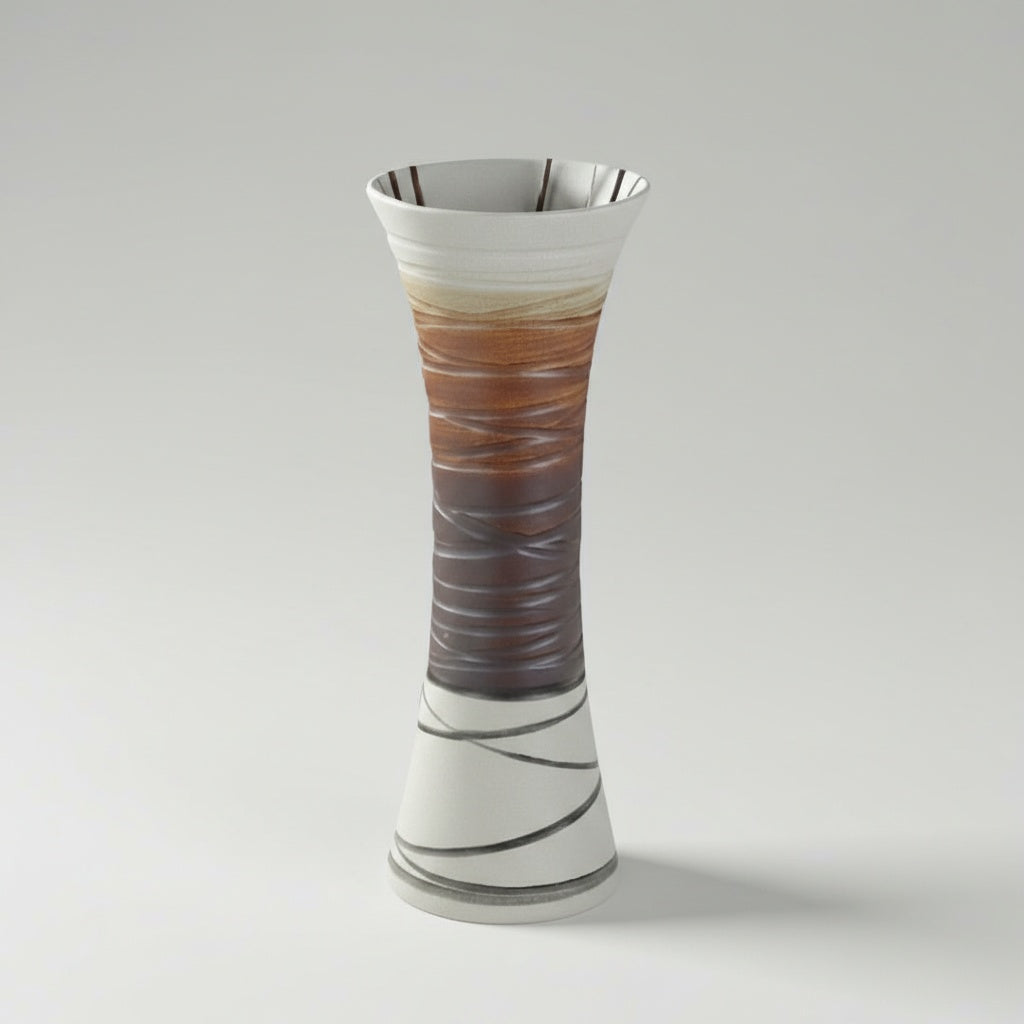 Front view of textured ceramic hourglass vase with brown and cream finish