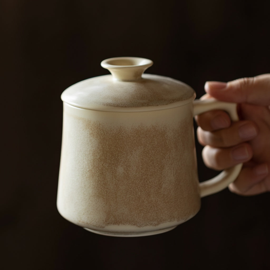 Textured Ceramic Lidded Mug in Sand Beige held in hand