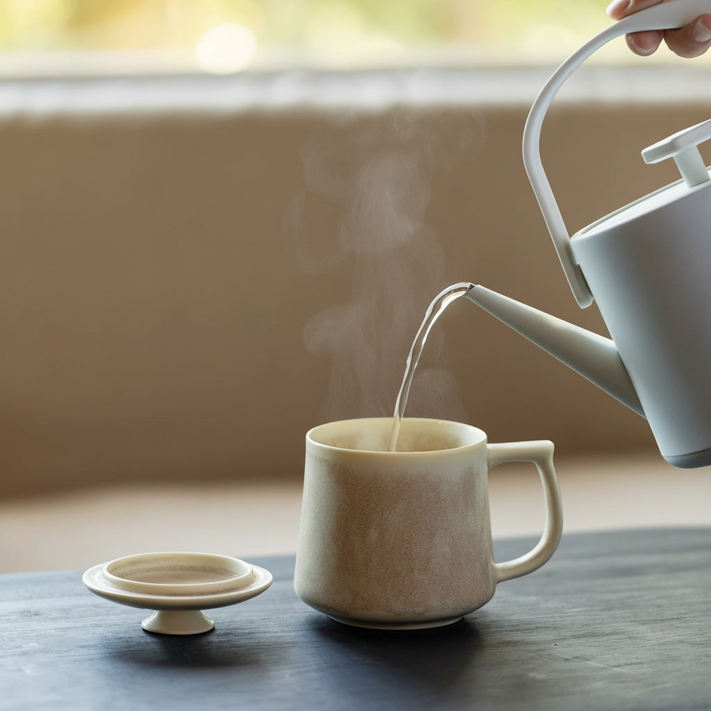 Hot water pouring into the Textured Ceramic Lidded Mug