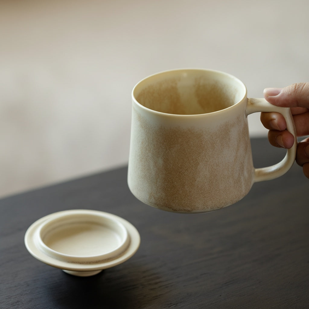 Textured Ceramic Lidded Mug lifted with lid resting on table