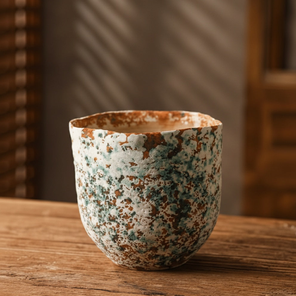 Close up of empty textured ceramic planter showing interior and rim detail