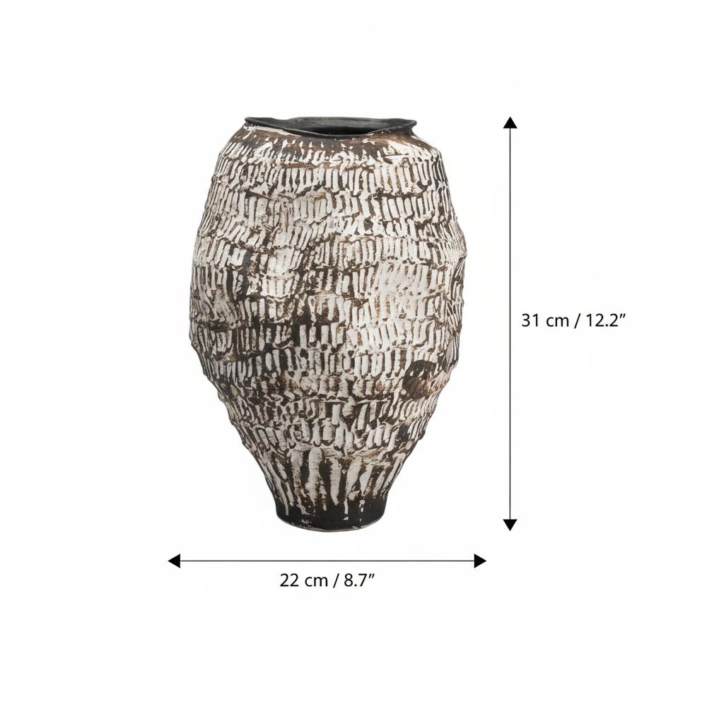 Textured ceramic vase with dimensions 31 cm height and 22 cm width