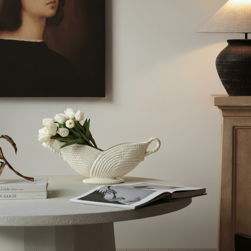 Textured Ceramic Oval Centerpiece Bowl