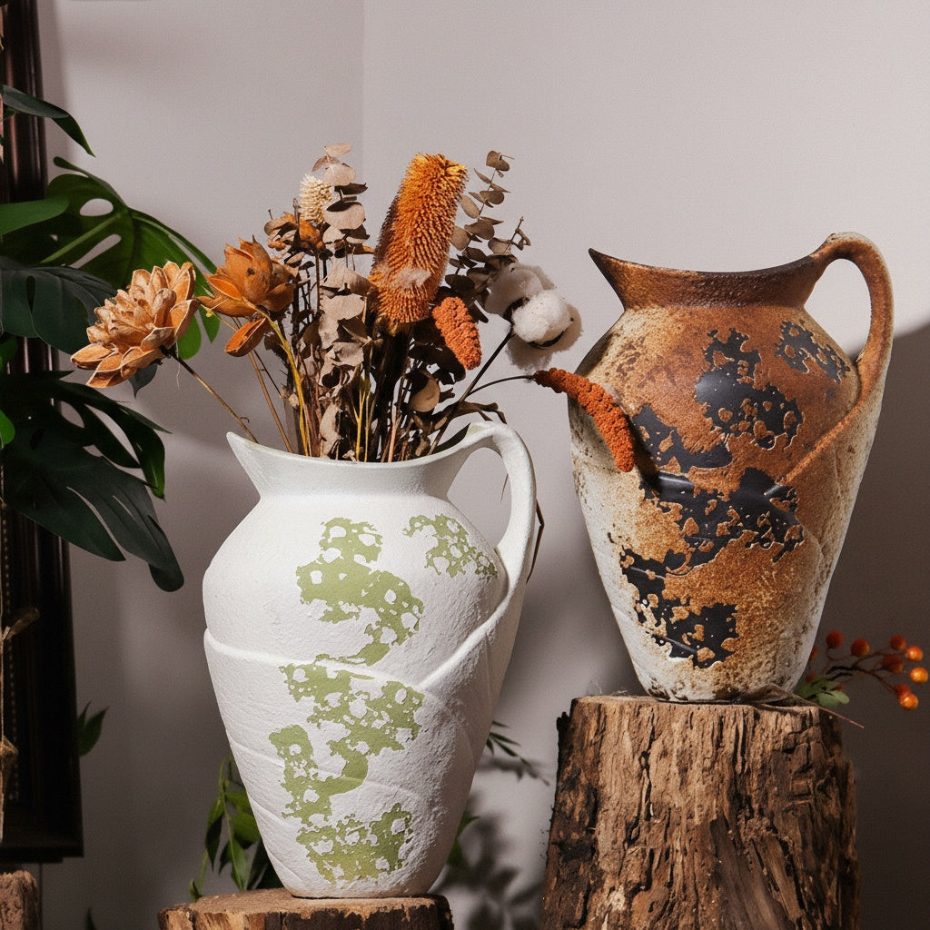 Group shot of white and brown ceramic pitcher vases with dried flowers