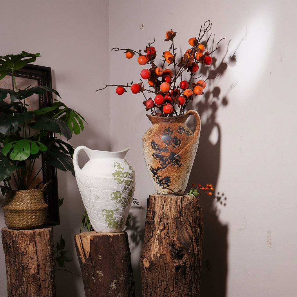 Brown ceramic pitcher vase with textured finish holding red berries