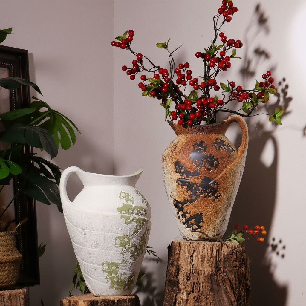 White ceramic pitcher vase with green textured pattern