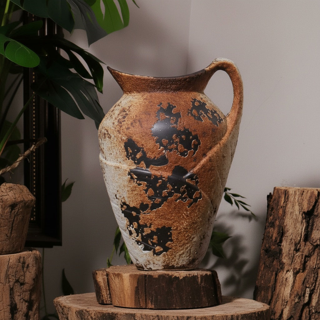 Close up of brown ceramic pitcher vase with black and rust details