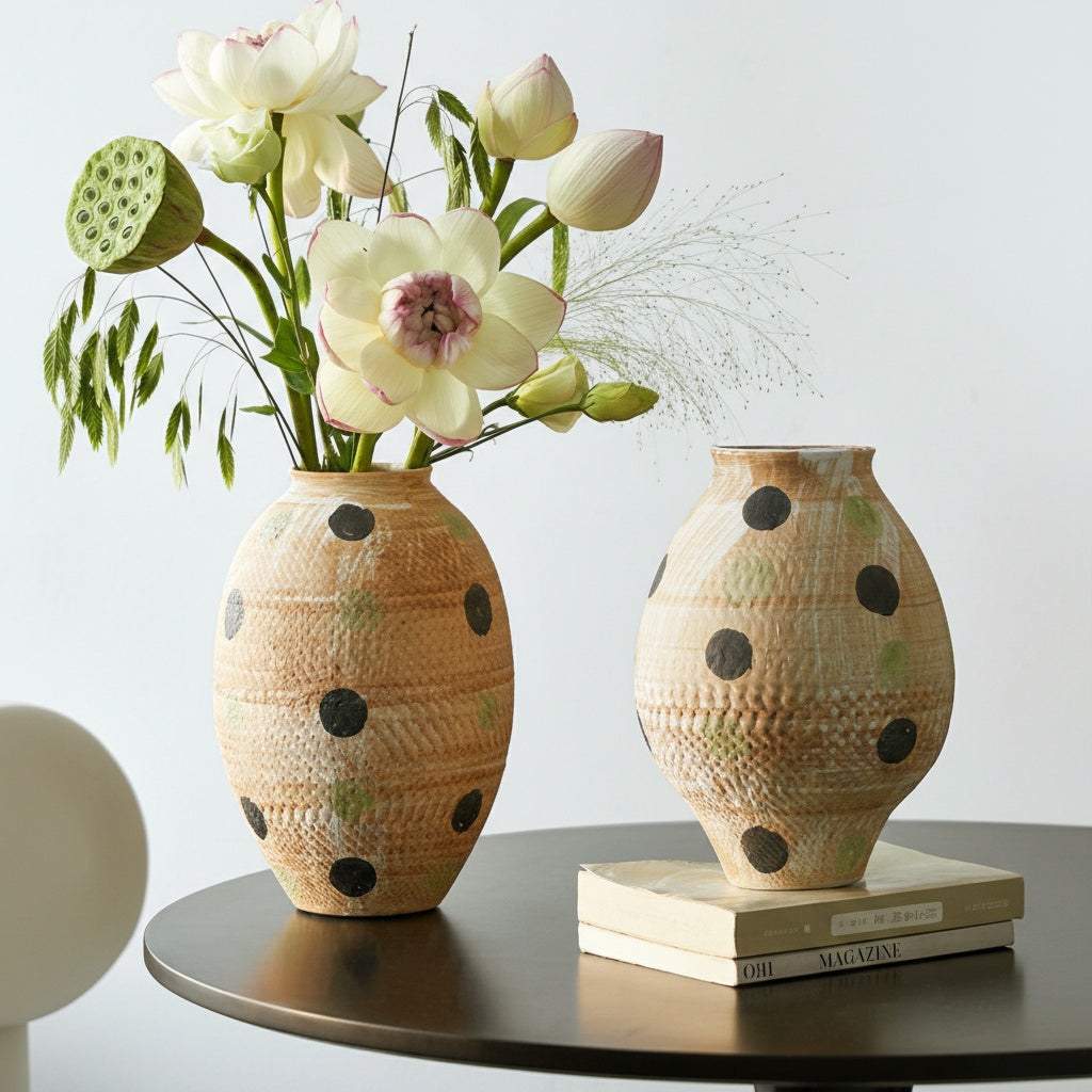 Textured ceramic vase with black and green polka dots on table