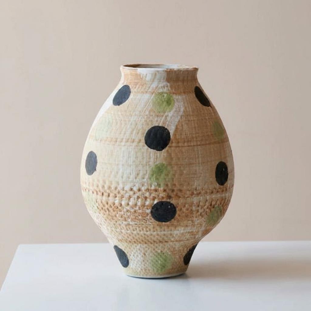 Close up of large beige textured vase with polka dot pattern