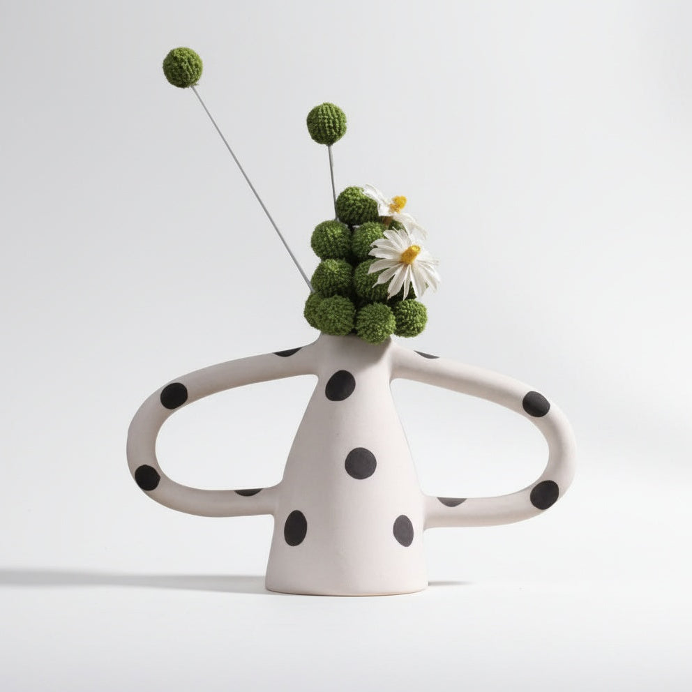 Textured Ceramic Polka Dot Double-Handled Vase with Botanicals