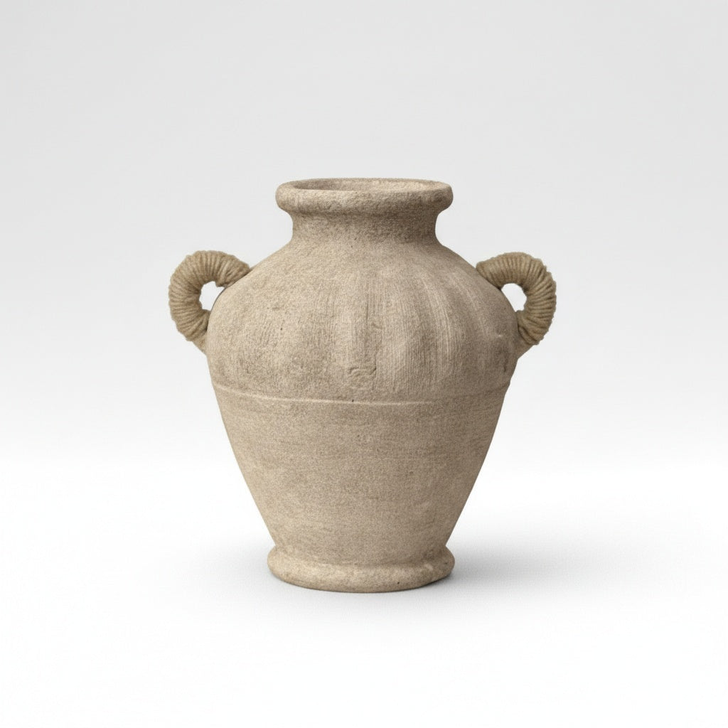 Front view of beige textured amphora vase with rope handles