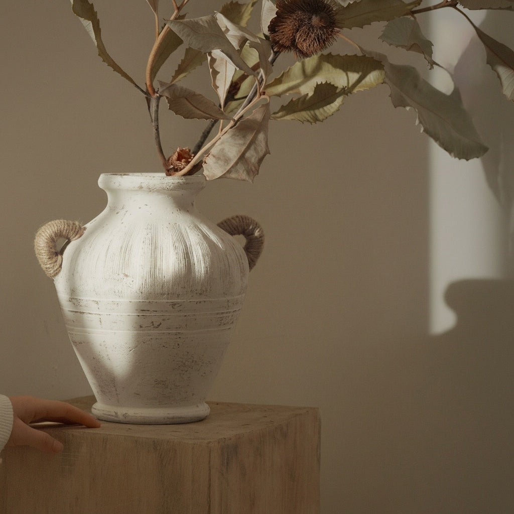 White variant of textured vase with rope handles styled with leaves