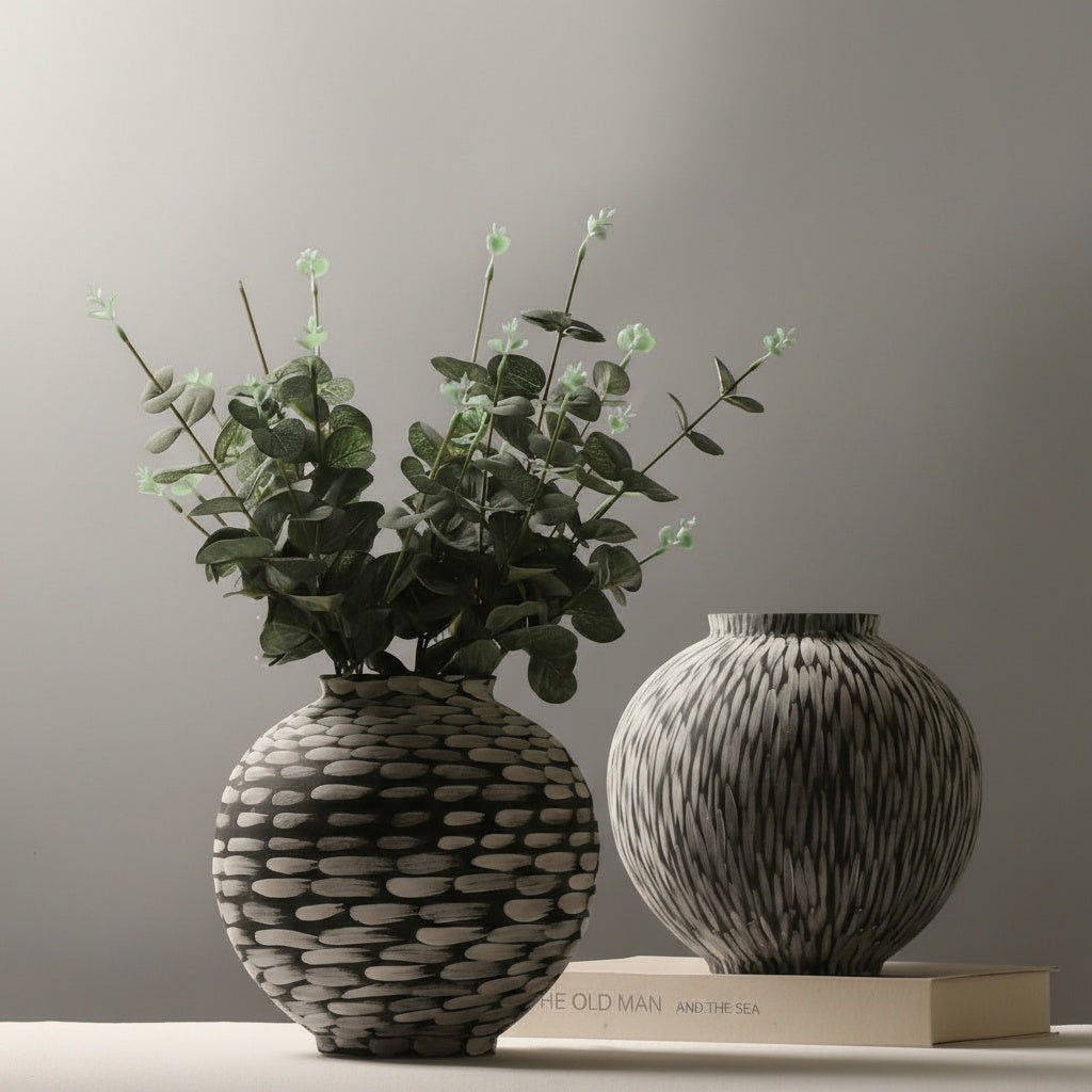 Two textured black and white ceramic vases styled with greenery