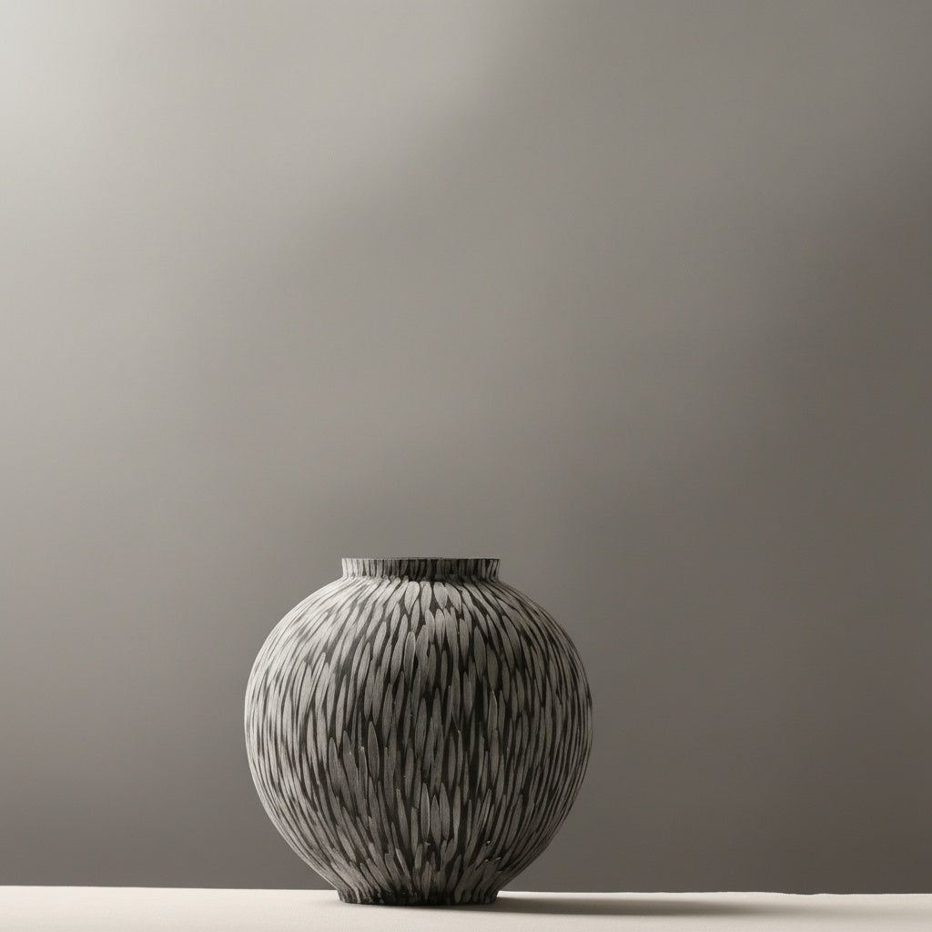 Round ceramic vase with vertical white stroke pattern on black background