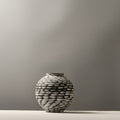 Round ceramic vase with horizontal pebble pattern on black background