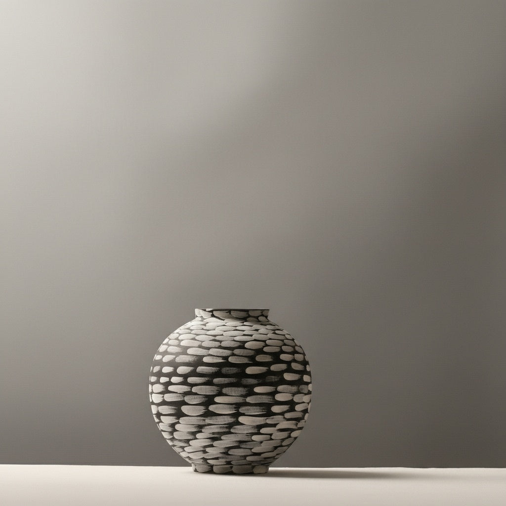 Round ceramic vase with horizontal pebble pattern on black background