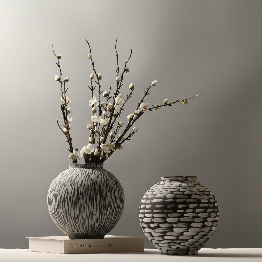 Pair of hand-painted ceramic vases with contrasting textures