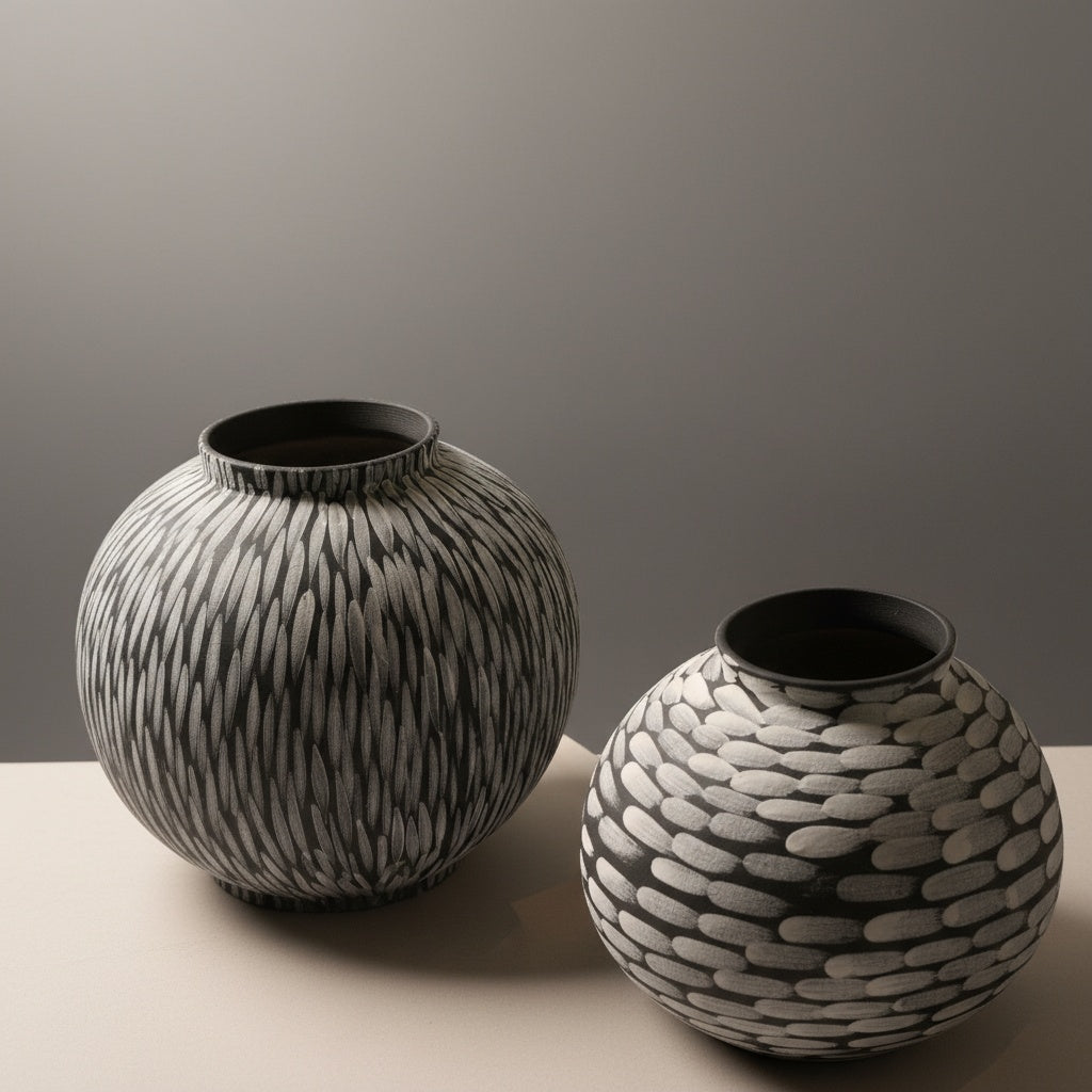 Close up detail of hand-painted texture on ceramic vases