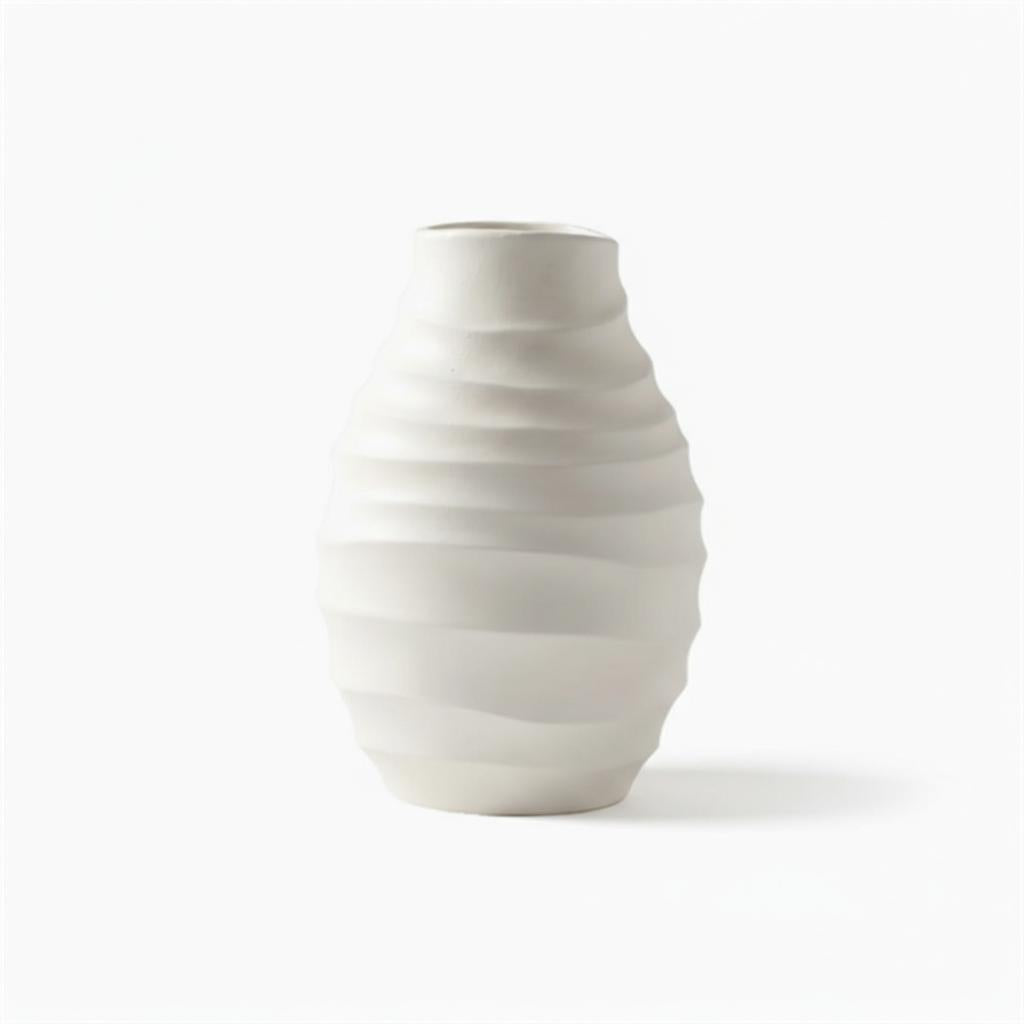 Dark spiral ribbed vase with dried flowers on textured 