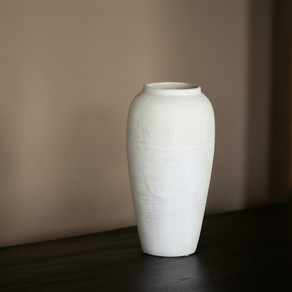 Textured ceramic tall vase in matte white